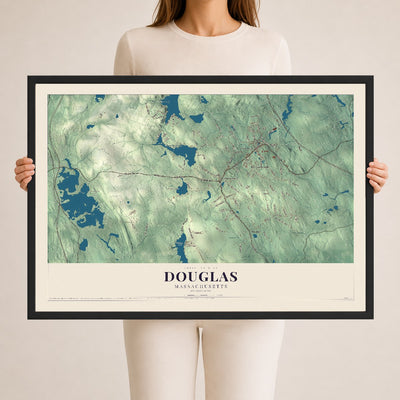Douglas, Massachusetts map print - 24 x 36 black Ayous wood frame