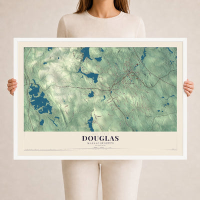 Douglas, Massachusetts map print - 24 x 36 white Ayous wood frame