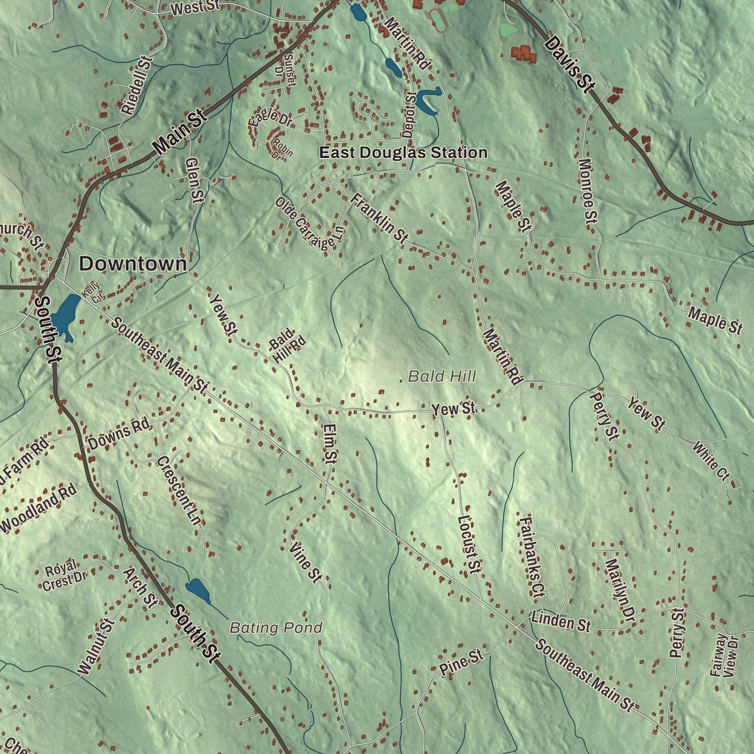 Terrain and local geography detail from the Douglas, Massachusetts map