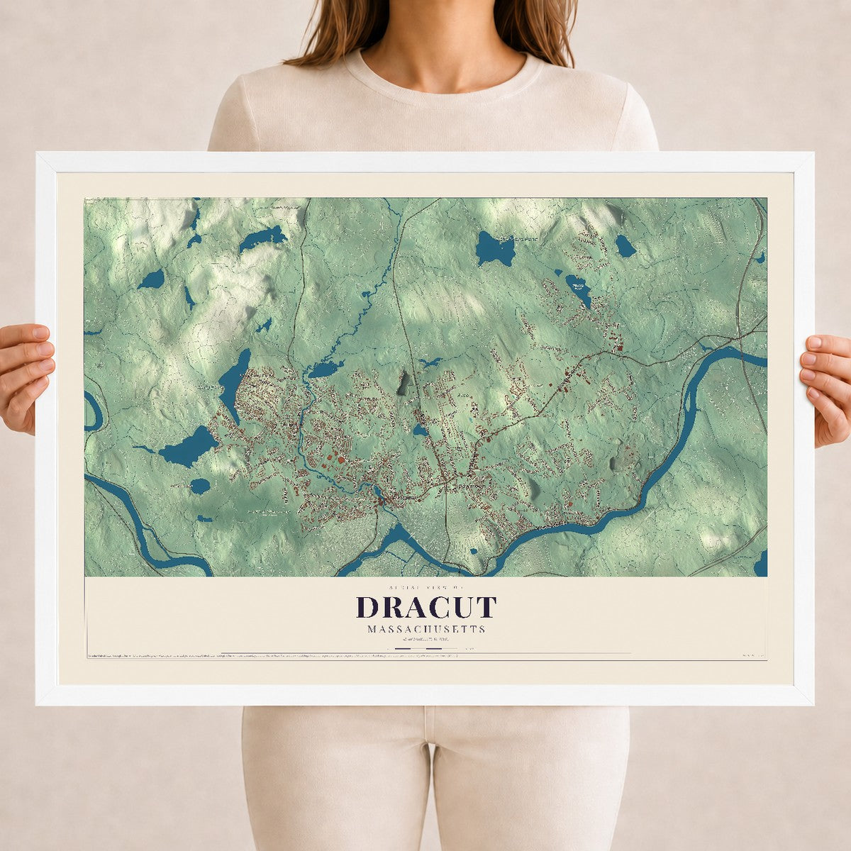 Dracut, Massachusetts map print - 18 x 24 white Ayous wood frame