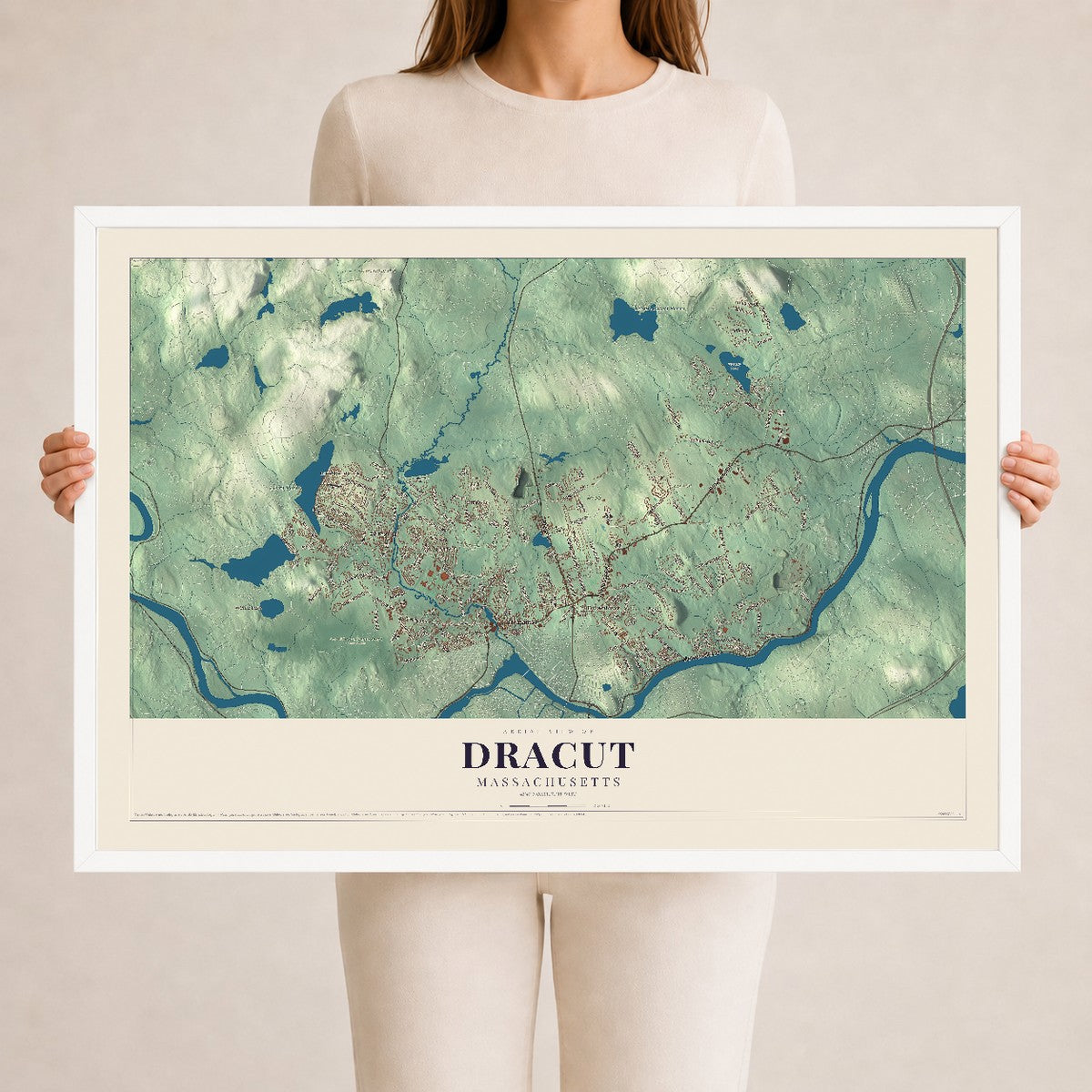 Dracut, Massachusetts map print - 24 x 36 white Ayous wood frame