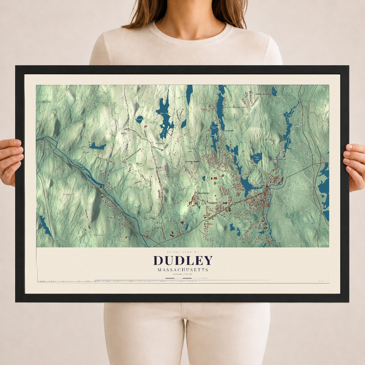Dudley, Massachusetts map print - 18 x 24 black Ayous wood frame