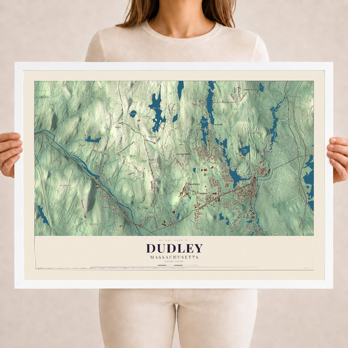 Dudley, Massachusetts map print - 18 x 24 white Ayous wood frame