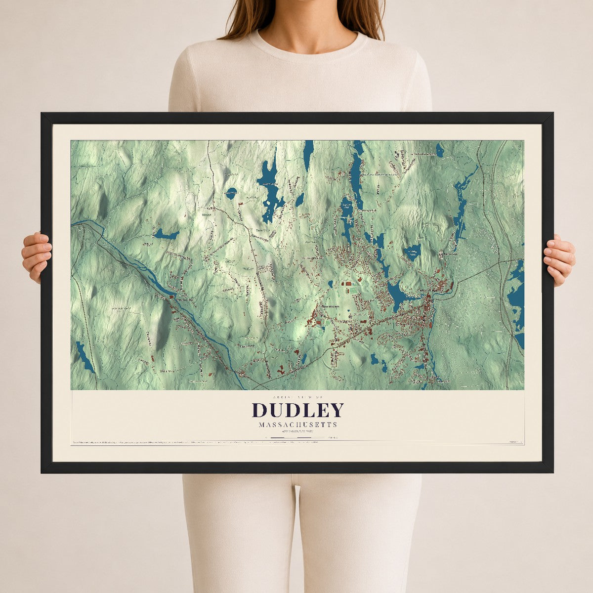 Dudley, Massachusetts map print - 24 x 36 black Ayous wood frame