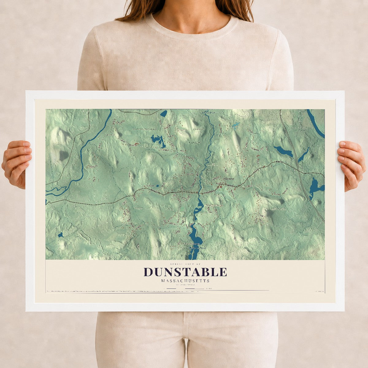 Dunstable, Massachusetts map print - 12 x 18 white Ayous wood frame