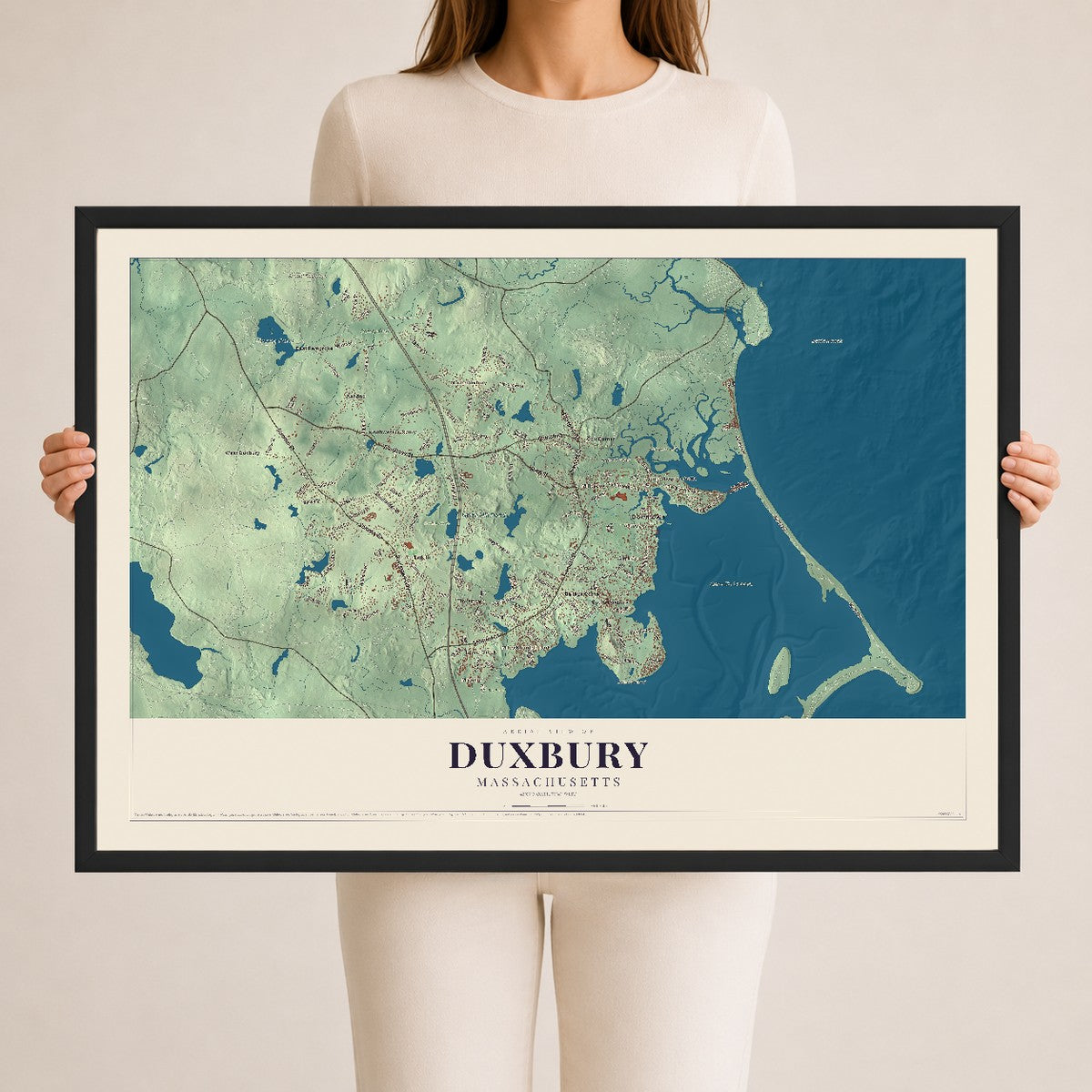 Duxbury, Massachusetts map print - 24 x 36 black Ayous wood frame