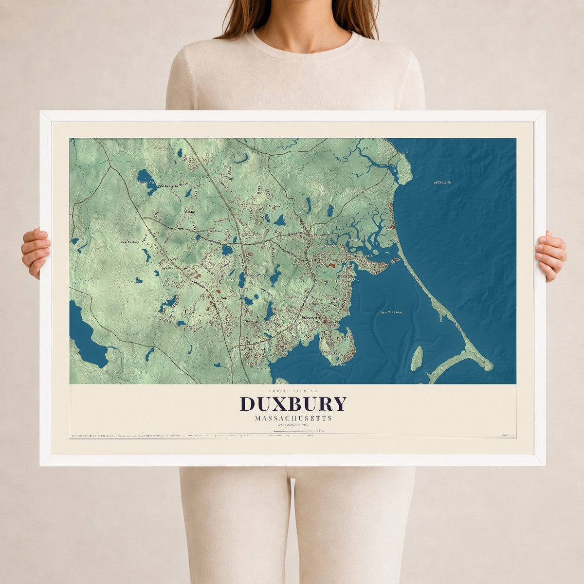 Duxbury, Massachusetts map print - 24 x 36 white Ayous wood frame