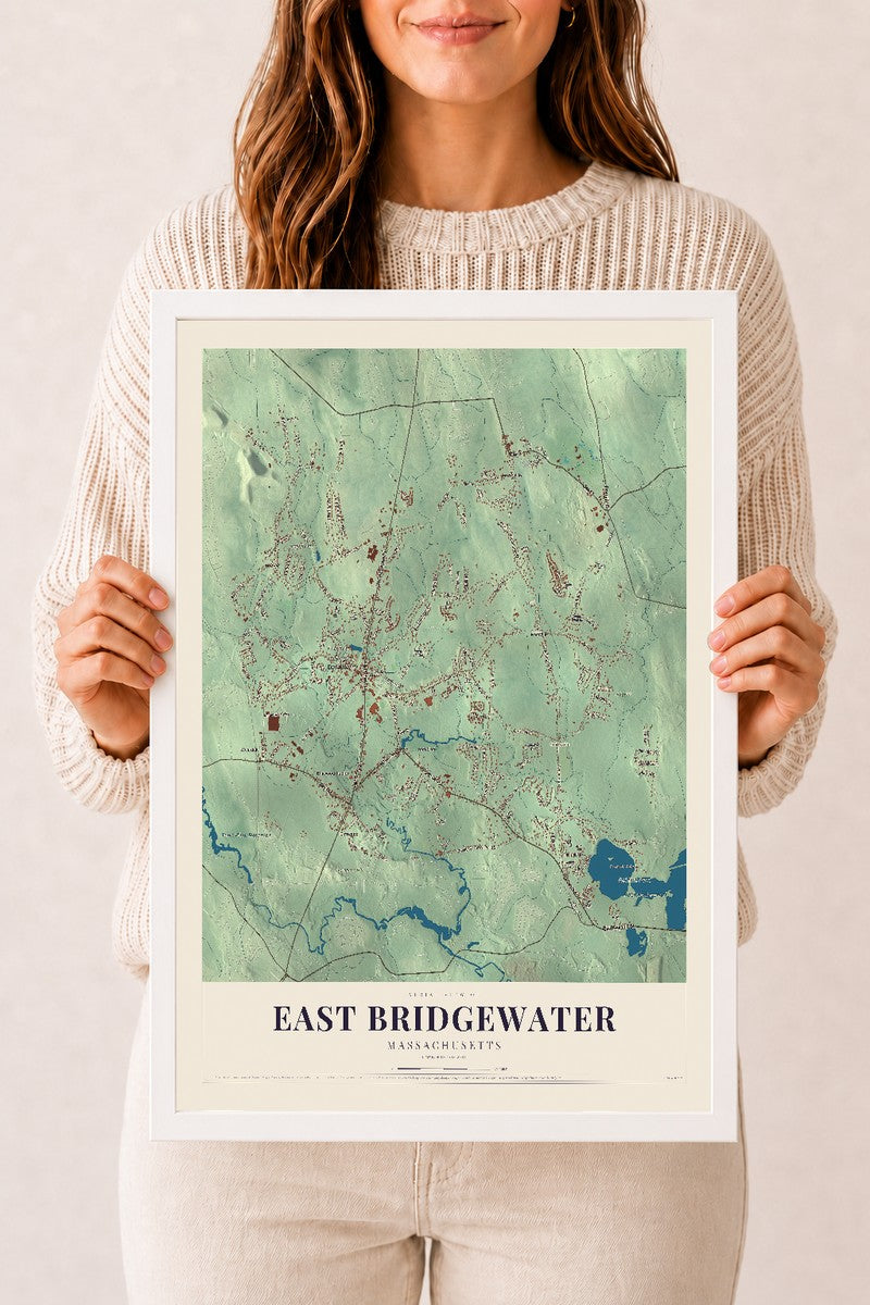 East Bridgewater, Massachusetts map print - 12 x 18 white Ayous wood frame