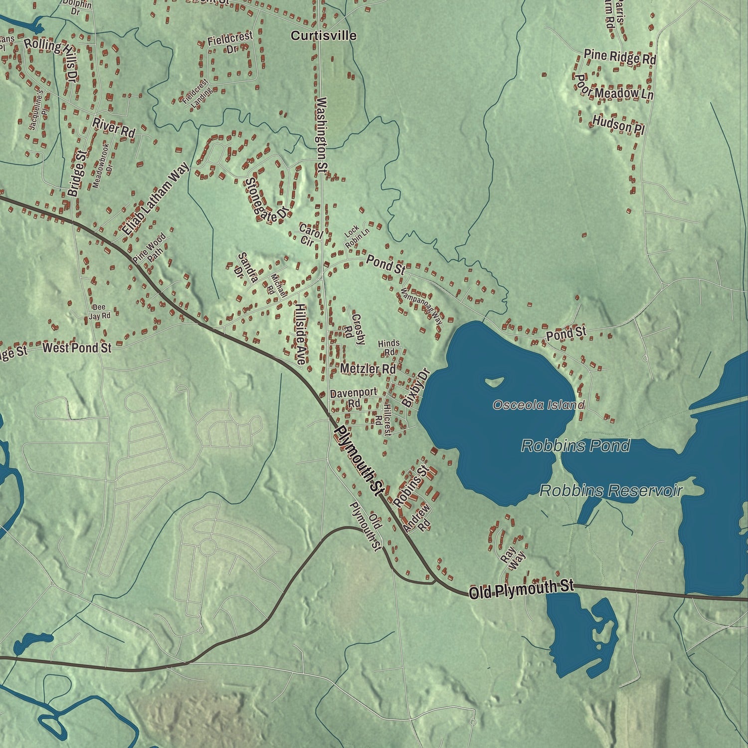 Terrain and local geography detail from the East Bridgewater, Massachusetts map