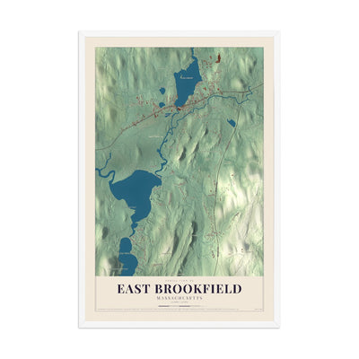 Map of East Brookfield, Massachusetts, 12 x 18 inch print in a white wood frame