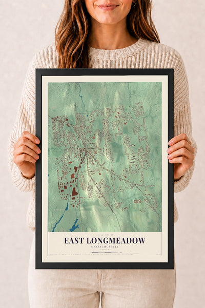 East Longmeadow, Massachusetts map print - 12 x 18 black Ayous wood frame
