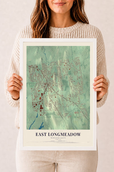 East Longmeadow, Massachusetts map print - 12 x 18 white Ayous wood frame