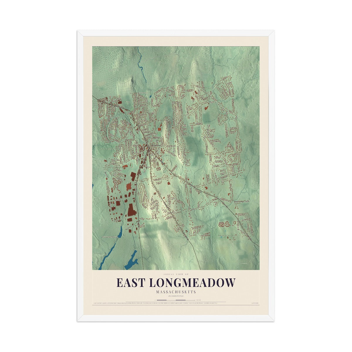 Map of East Longmeadow, Massachusetts, 12 x 18 inch print in a white wood frame
