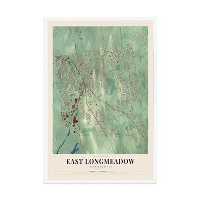 Map of East Longmeadow, Massachusetts, 12 x 18 inch print in a white wood frame