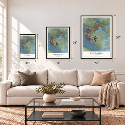 East Boston, Massachusetts map in 12 x 18, 18 x 24 and 24 x 36 inch sizes above a sofa