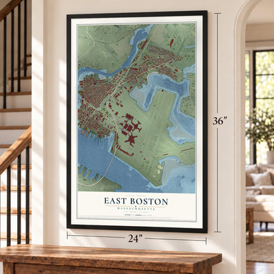East Boston, Massachusetts map, 24 x 36 inch print in a black frame by a staircase