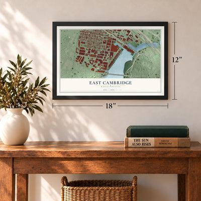 East Cambridge, Massachusetts map, 12 x 18 inch print in a black frame in an entryway