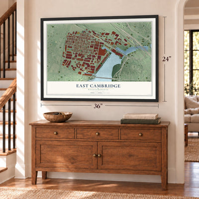 East Cambridge, Massachusetts map, 24 x 36 inch print in a black frame above a dresser by a staircase