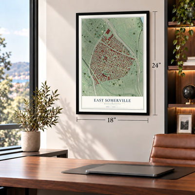 East Somerville, Massachusetts map, 18 x 24 inch print in a black frame in a home office