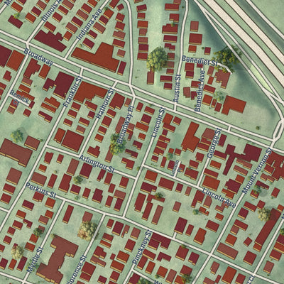 Close-up of the map of East Somerville, Massachusetts print showing street and building detail