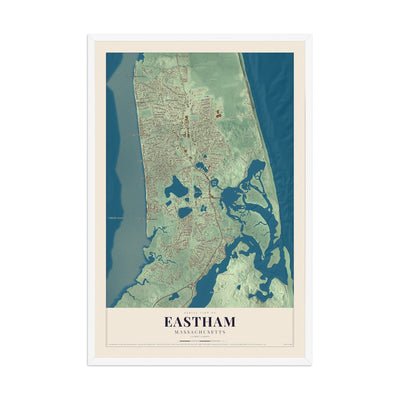 Map of Eastham, Massachusetts, 12 x 18 inch print in a white wood frame
