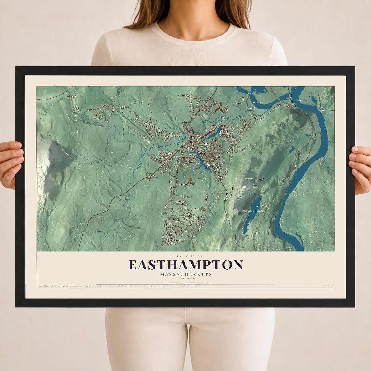 Easthampton, Massachusetts map print - 18 x 24 black Ayous wood frame