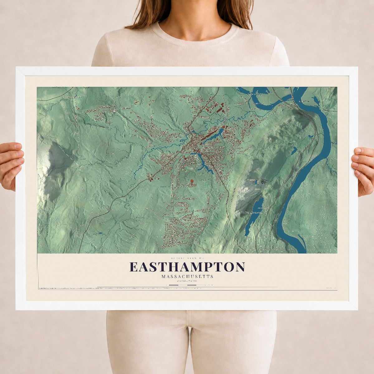 Easthampton, Massachusetts map print - 18 x 24 white Ayous wood frame