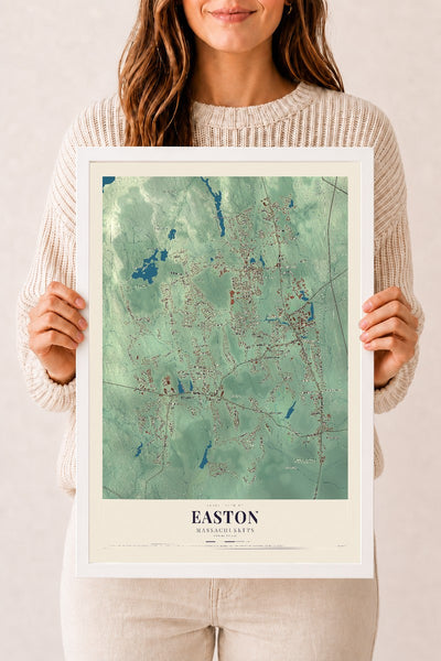 Easton, Massachusetts map print - 12 x 18 white Ayous wood frame