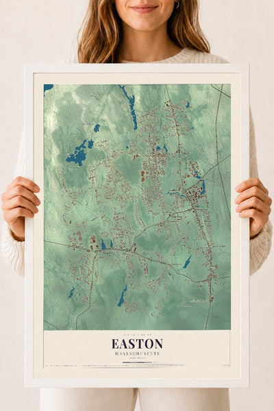 Easton, Massachusetts map print - 18 x 24 white Ayous wood frame