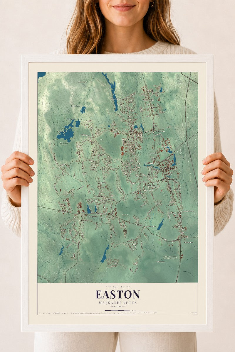 Easton, Massachusetts map print - 18 x 24 white Ayous wood frame