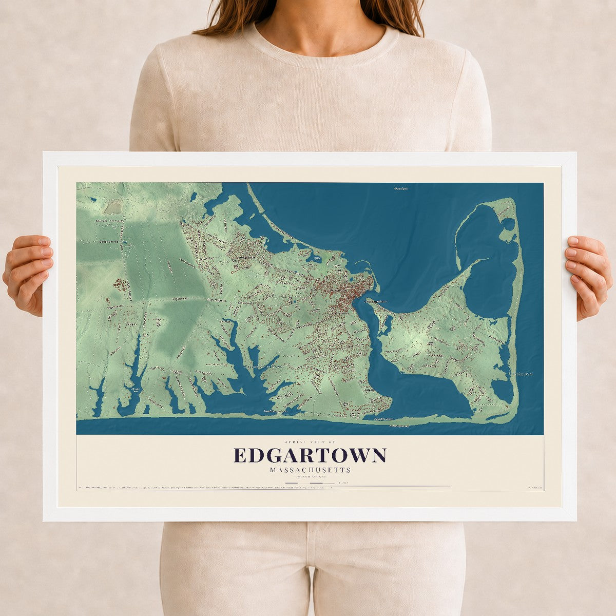 Edgartown, Massachusetts map print - 12 x 18 white Ayous wood frame