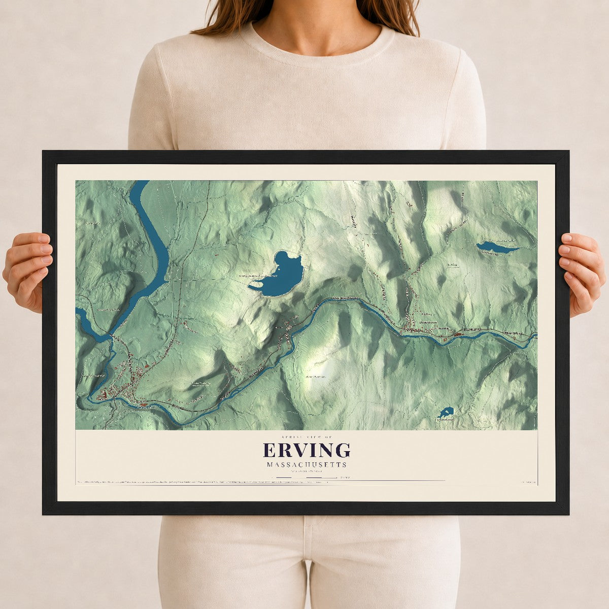 Erving, Massachusetts map print - 12 x 18 black Ayous wood frame