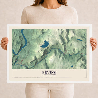 Erving, Massachusetts map print - 12 x 18 white Ayous wood frame