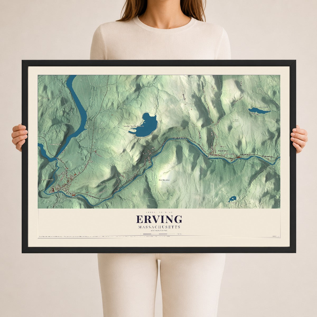 Erving, Massachusetts map print - 24 x 36 black Ayous wood frame