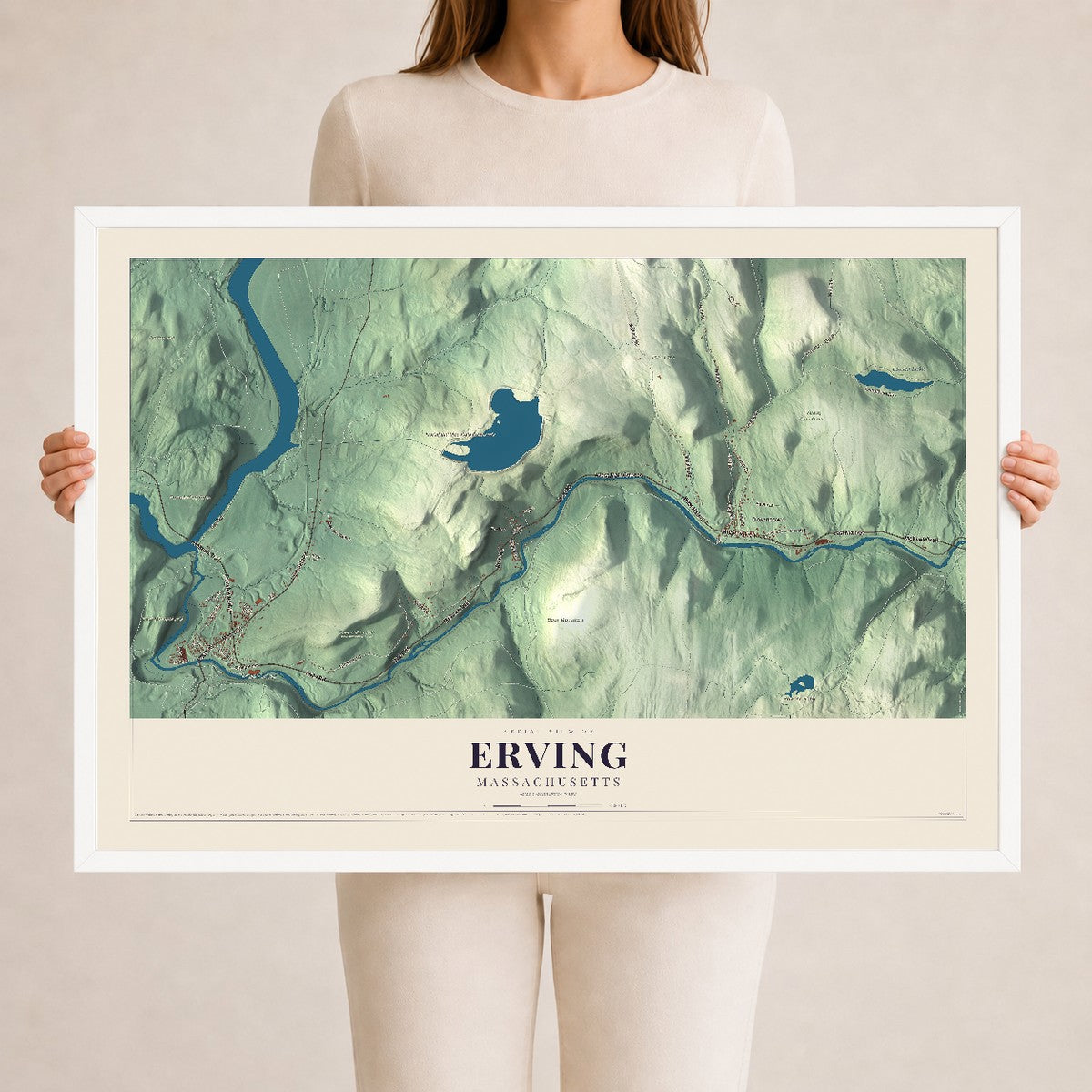 Erving, Massachusetts map print - 24 x 36 white Ayous wood frame