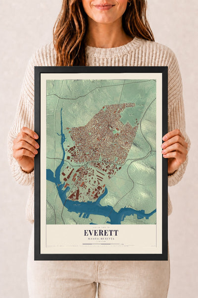 Everett, Massachusetts map print - 12 x 18 black Ayous wood frame