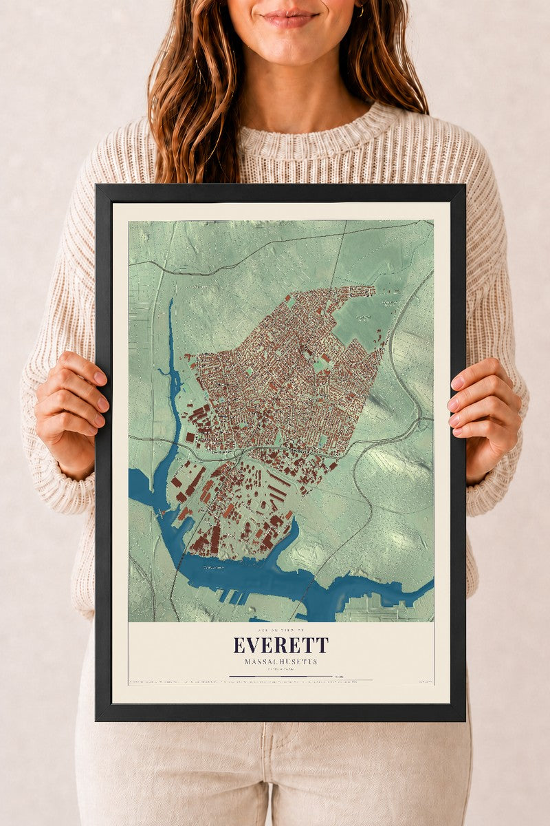 Everett, Massachusetts map print - 12 x 18 black Ayous wood frame