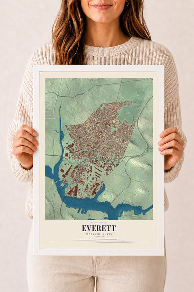 Everett, Massachusetts map print - 12 x 18 white Ayous wood frame