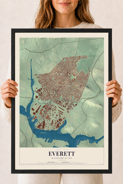Everett, Massachusetts map print - 18 x 24 black Ayous wood frame