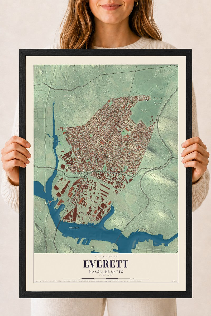 Everett, Massachusetts map print - 18 x 24 black Ayous wood frame