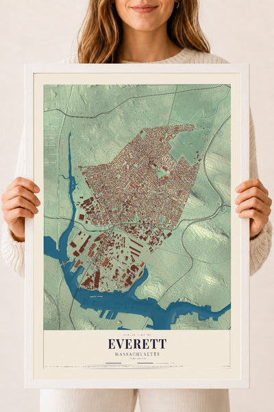 Everett, Massachusetts map print - 18 x 24 white Ayous wood frame