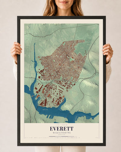 Everett, Massachusetts map print - 24 x 36 black Ayous wood frame