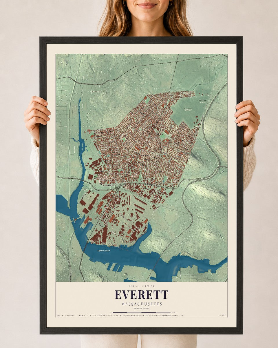 Everett, Massachusetts map print - 24 x 36 black Ayous wood frame