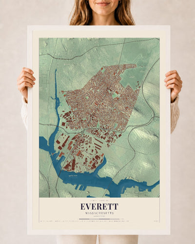 Everett, Massachusetts map print - 24 x 36 white Ayous wood frame