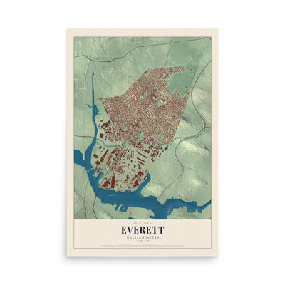 Map of Everett, Massachusetts, 12 x 18 inch unframed archival matte print