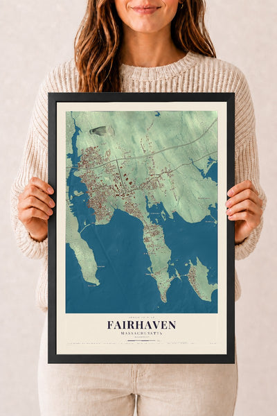 Fairhaven, Massachusetts map print - 12 x 18 black Ayous wood frame