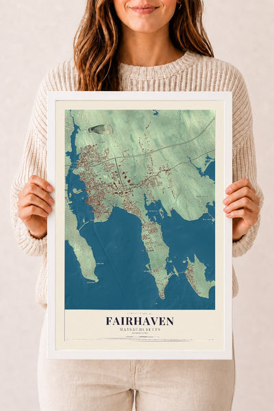 Fairhaven, Massachusetts map print - 12 x 18 white Ayous wood frame