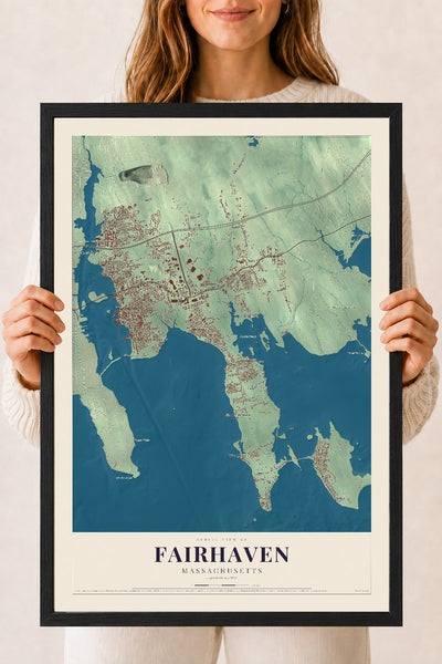 Fairhaven, Massachusetts map print - 18 x 24 black Ayous wood frame