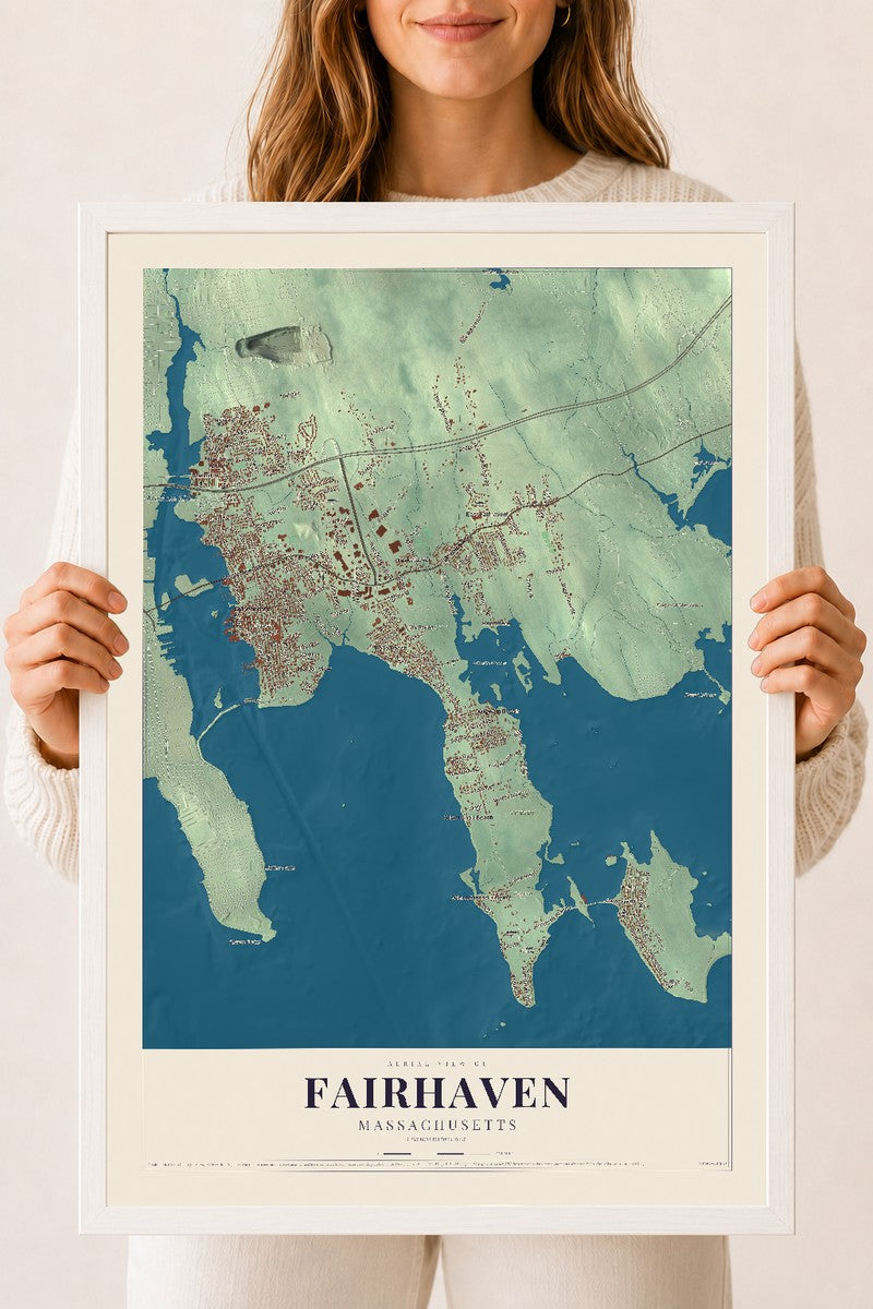 Fairhaven, Massachusetts map print - 18 x 24 white Ayous wood frame
