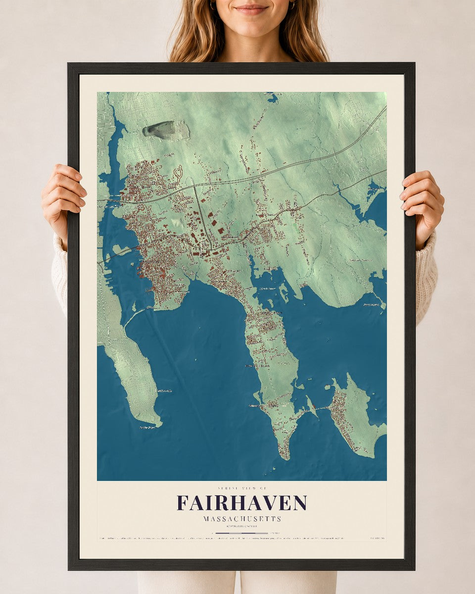 Fairhaven, Massachusetts map print - 24 x 36 black Ayous wood frame